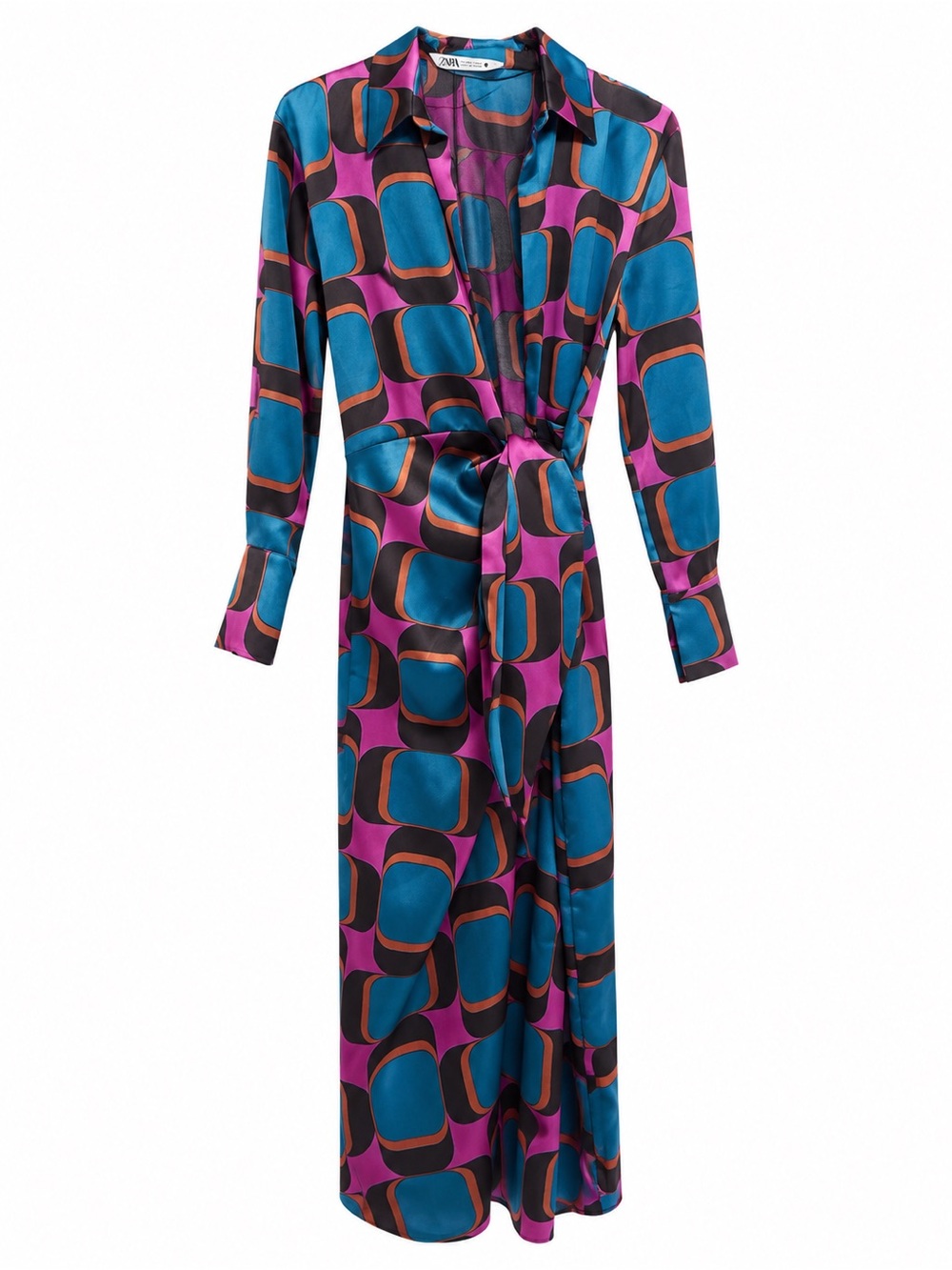 Zara Teal, Purple & Black Geometric Satin Wrap Dress